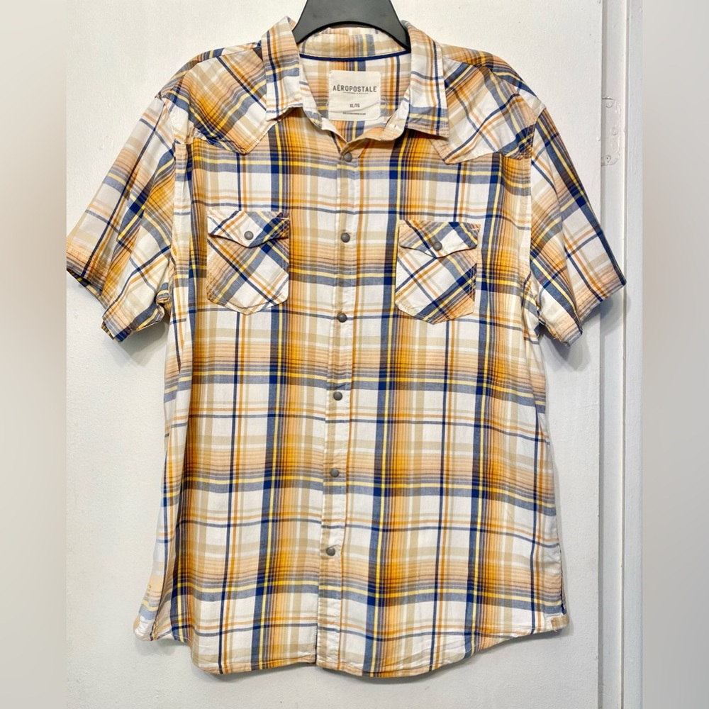 Aéropostale Men’s Plaid Button Down‎ XL Short Sleeve Shirt Orange and Blue